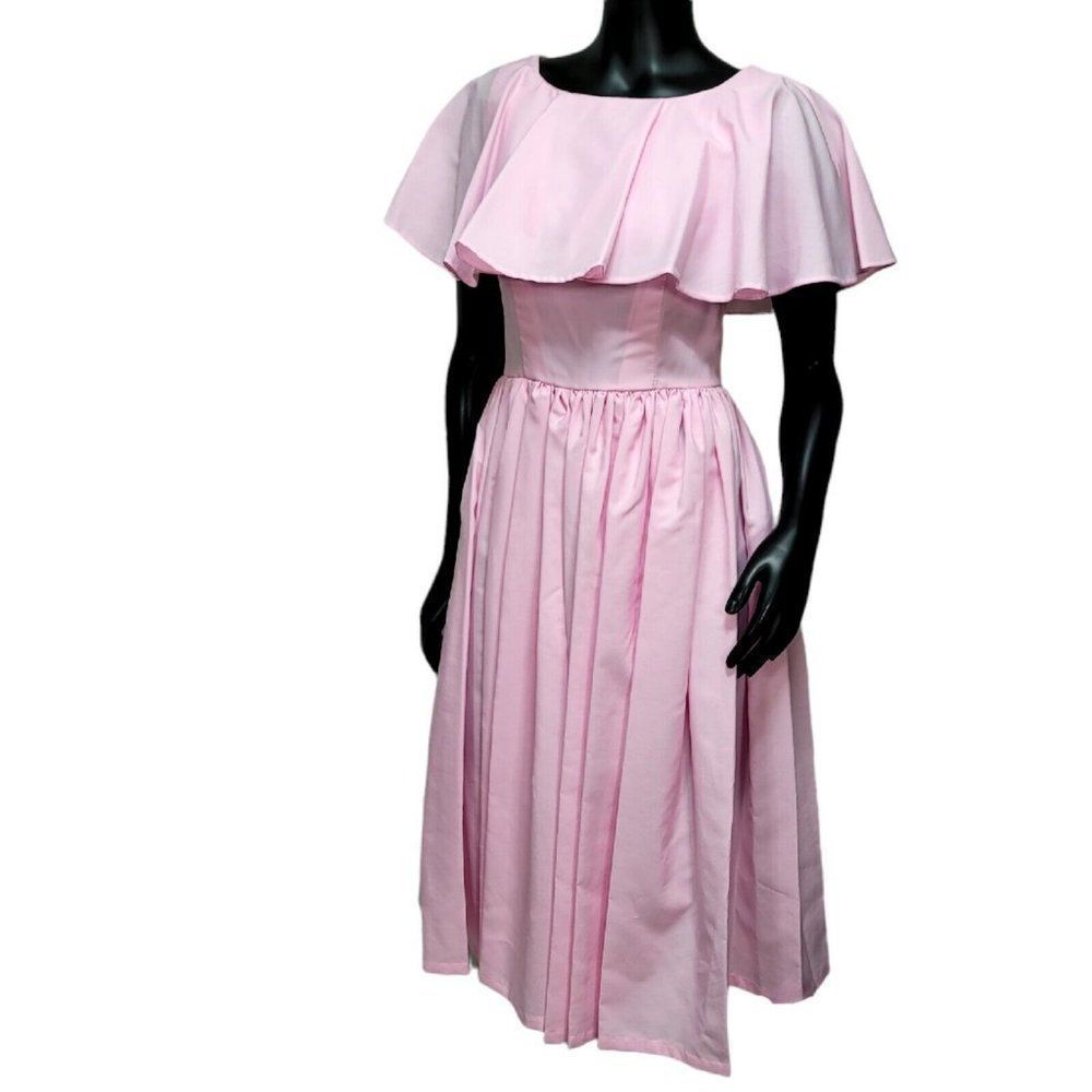 Vintage 70s Pink Ruffle Collar Swing Dancing Disco Day Dress Knee Length - Picture 2 of 8